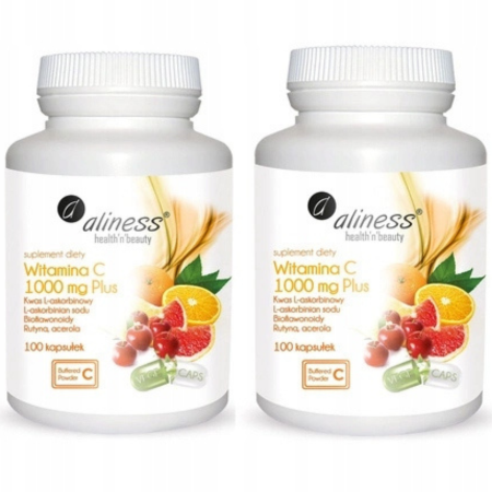 Witamina C 1000 mg Plus Aliness – 100 kapsułek vege z rutyną i acerolą. Buforowana formuła wspierająca odporność, kolagen i zdrowie naczyń.