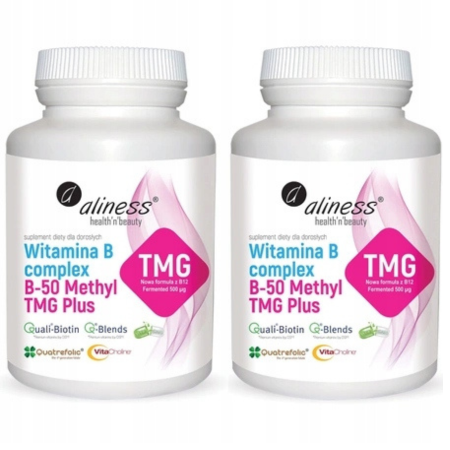 Witamina B Complex B-50 Methyl TMG PLUS Aliness – opakowanie 100 kapsułek Vege z kompleksem witamin z grupy B, choliną, folianem Quatrefolic® i metylowaną B12.