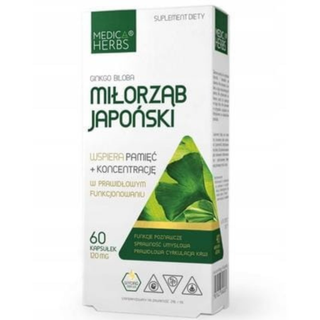 Miłorząb japoński Ginkgo biloba Medica Herbs – wsparcie pamięci, koncentracji i krążenia – 60 kapsułek