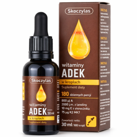 Skoczylas ADEK krople 30ml – naturalny kompleks witamin A, D, E i K w formie płynnej dla wsparcia odporności, kości i zdrowia skóry.