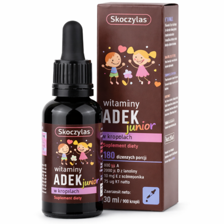 Skoczylas ADEK JUNIOR krople 10 ml – kompleks witamin A, D3, E i K2 dla dzieci, wspierający odporność, wzrok, kości i prawidłowy rozwój.