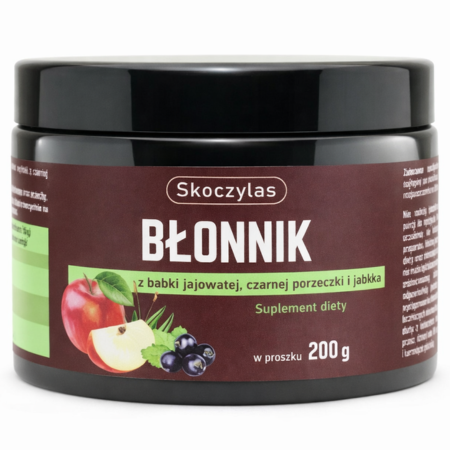 Błonnik Skoczylas – naturalny błonnik w proszku z babką jajowatą, jabłkiem i czarną porzeczką, wspierający trawienie i poziom cholesterolu.