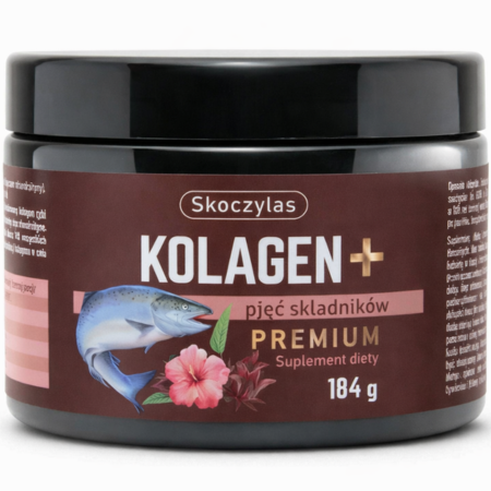 Kolagen Premium Skoczylas – kolagen z łososia z kwasem hialuronowym, glukozaminą i chondroityną – wsparcie dla stawów, skóry i kości – 184 g