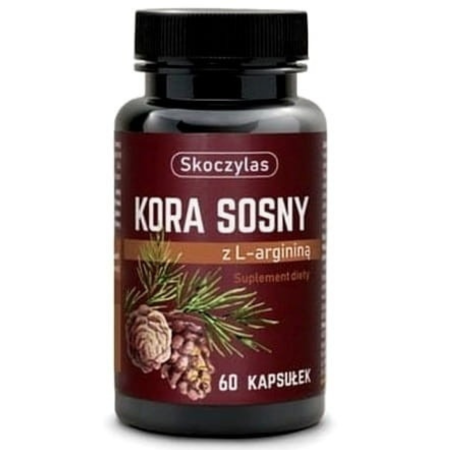 Skoczylas Kora Sosny + Arginina 60 kapsułek – suplement diety wspierający krążenie, odporność i ochronę antyoksydacyjną, zawiera naturalny ekstrakt z kory sosny i L-argininę.