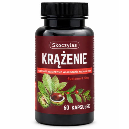 Skoczylas KRĄŻENIE Ruszczyk kolczasty i Kasztanowiec 60 kapsułek – suplement diety wspomagający prawidłowe krążenie żylne i zdrowie naczyń krwionośnych, naturalne ekstrakty roślinne.