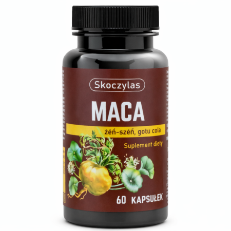 Skoczylas MACA żeń-szeń i gotu kola 60 kapsułek – suplement diety wspierający witalność, koncentrację, funkcje poznawcze i odporność organizmu, na bazie naturalnych ekstraktów roślinnych.