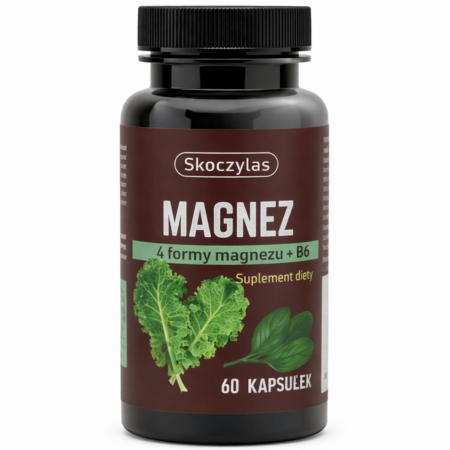 Skoczylas Magnez 4 formy ze szpinakiem, jarmużem i witaminą B6 – suplement diety wspierający układ nerwowy, redukcję zmęczenia i funkcje mięśni, 60 kapsułek.