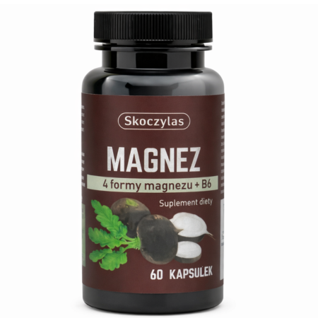 Skoczylas Magnez 4 formy z czarną rzepą i witaminą B6 – suplement diety w kapsułkach wspierający układ nerwowy, redukcję zmęczenia i prawidłowe funkcjonowanie mięśni, 60 kapsułek.