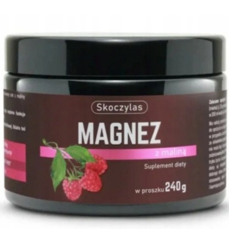 Magnez z maliną Skoczylas – cytrynian magnezu w proszku, wsparcie układu nerwowego i mięśni – 240 g