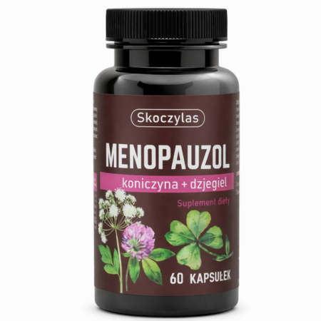 Skoczylas MENOPAUZOL 60 kapsułek – suplement diety z koniczyną czerwoną i dzięglem chińskim wspierający kobiety w okresie menopauzy.