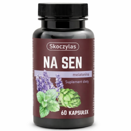Skoczylas NA SEN melatonina, chmiel, melisa 60 kapsułek – suplement diety wspierający spokojny sen i relaksację, zawierający naturalne ekstrakty roślinne oraz melatoninę ułatwiającą zasypianie.