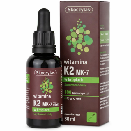 Skoczylas WITAMINA K2 MK-7 30 ml – naturalna witamina K2 w kroplach, w formie dobrze przyswajalnego menachinonu-7, dla wsparcia zdrowych kości i układu krążenia.