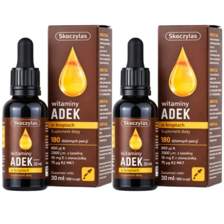 Witaminy ADEK Skoczylas to kompleks witamin rozpuszczalnych w tłuszczach: A, D, E i K.