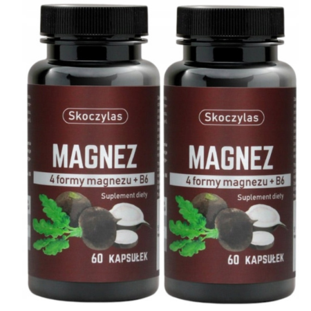 Skoczylas Magnez 4 formy z czarną rzepą i witaminą B6 – suplement diety w kapsułkach wspierający układ nerwowy, redukcję zmęczenia i prawidłowe funkcjonowanie mięśni, 60 kapsułek.