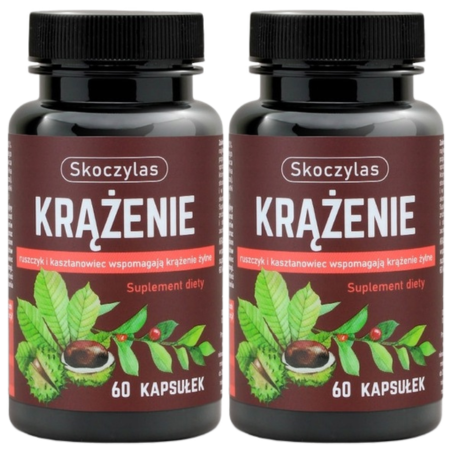 Skoczylas KRĄŻENIE Ruszczyk kolczasty i Kasztanowiec 60 kapsułek – suplement diety wspomagający prawidłowe krążenie żylne i zdrowie naczyń krwionośnych, naturalne ekstrakty roślinne.