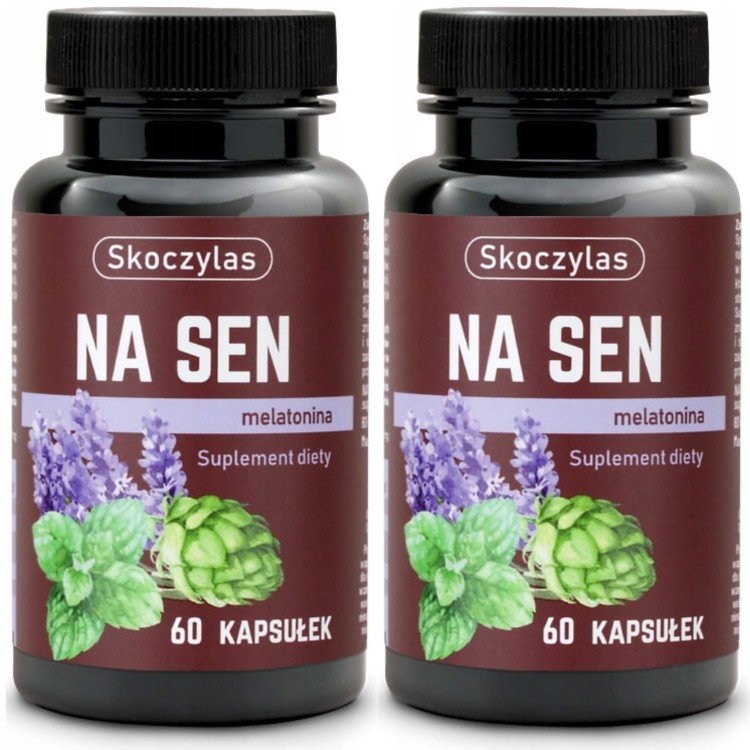 2x Skoczylas NA SEN melatonina, chmiel, melisa 60 kapsułek – suplement diety wspierający spokojny sen i relaksację, zawierający naturalne ekstrakty roślinne oraz melatoninę ułatwiającą zasypianie.