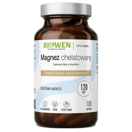 Magnez Chelatowany Biowen – 100 kapsułek. Suplement diety z diglicynianem magnezu. Wsparcie dla mięśni, układu nerwowego i metabolizmu energetycznego.