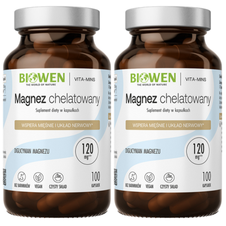 2x Magnez Chelatowany Biowen – 100 kapsułek. Suplement diety z diglicynianem magnezu. Wsparcie dla mięśni, układu nerwowego i metabolizmu energetycznego.