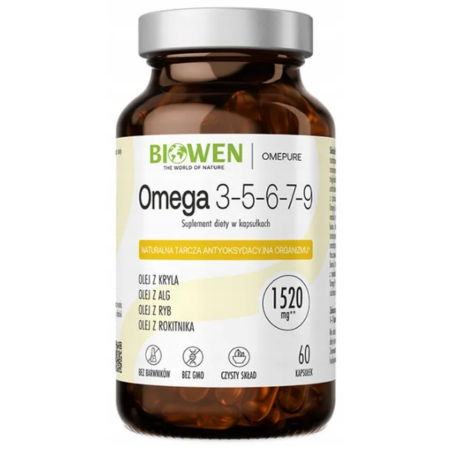 Biowen Omega 3-5-6-7-9 1520 mg 60 kapsułek kompleks lipidowy w szklanym opakowaniu