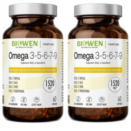 Biowen Omega 3-5-6-7-9 1520 mg 60 kapsułek kompleks lipidowy w szklanym opakowaniu
