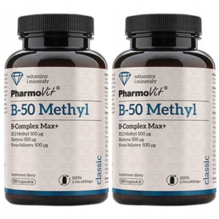 Pharmovit B-50 Methyl B-Complex Max+ – kompleks witamin z grupy B, metylokobalamina, cholina, PABA, inozytol, 120 kapsułek, zdroweodzywki.pl