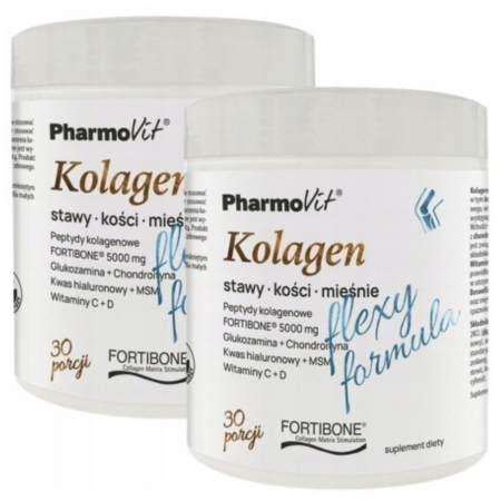 Pharmovit Kolagen Flexy Formula – suplement diety w proszku o smaku bananowym, z FORTIBONE®, glukozaminą, chondroityną, MSM, kwasem hialuronowym, witaminą C, D, cynkiem i ekstraktami roślinnymi – 30 porcji