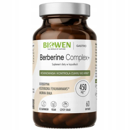 Berberine Complex+ Biowen 510 mg – 60 kapsułek, suplement diety z berberyną, kozieradką Fenumannans® i morwą białą, wspierający poziom cukru i metabolizm