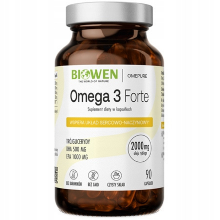 Biowen Omega 3 Forte – 90 kapsułek z olejem rybim, zawierających 1000 mg EPA i 500 mg DHA, suplement diety w szklanym opakowaniu z witaminą E.