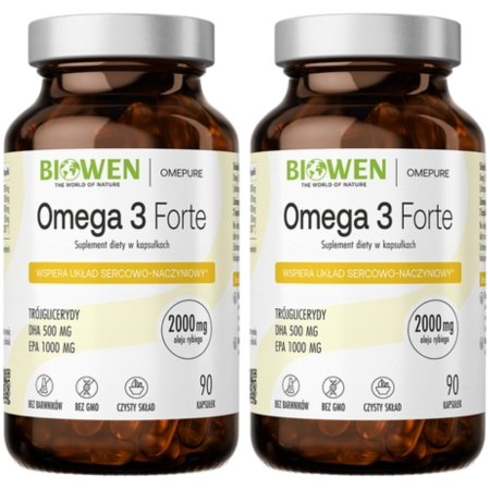 2x Biowen Omega 3 Forte – 90 kapsułek z olejem rybim, zawierających 1000 mg EPA i 500 mg DHA, suplement diety w szklanym opakowaniu z witaminą E.