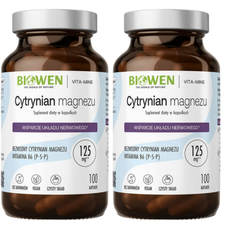 2x Cytrynian Magnezu z witaminą B6 Biowen – 100 kapsułek, wysoko przyswajalna forma magnezu z aktywną witaminą B6, suplement diety wegański w szklanym opakowaniu