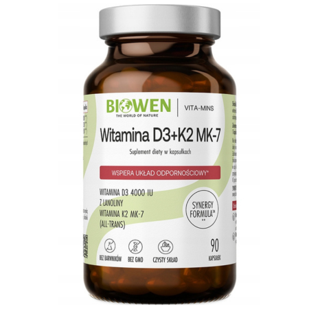Opakowanie Biowen Witamina D3+K2 90 kapsułek – suplement z D3 z lanoliny i K2 z natto w oleju MCT, czysty skład