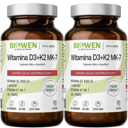 Biowen Witamina D3+K2 90 kapsułek – suplement z D3 z lanoliny i K2 z natto w oleju MCT, czysty skład
