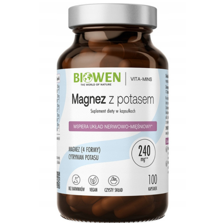 Magnez z potasem Biowen – 100 kapsułek. Suplement diety z czterema formami magnezu i cytrynianem potasu. Wsparcie dla mięśni, serca, nerwów i układu krążenia.