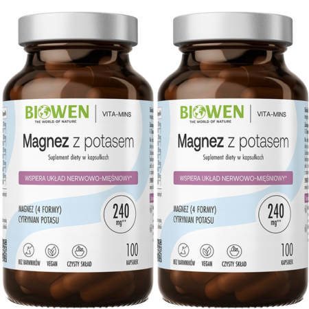 2x Magnez z potasem Biowen – 100 kapsułek. Suplement diety z czterema formami magnezu i cytrynianem potasu. Wsparcie dla mięśni, serca, nerwów i układu krążenia.
