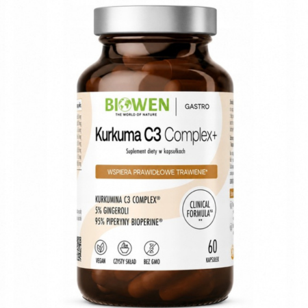 Kurkuma C3 Complex+ Biowen – 60 kapsułek. Suplement diety z kurkumą, imbirem i piperyną. Wsparcie trawienia, działanie przeciwzapalne i antyoksydacyjne.