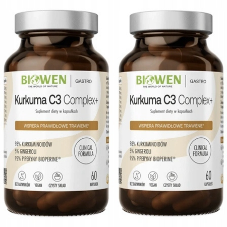 zestaw 2 sztuk. Kurkuma C3 Complex+ Biowen – 60 kapsułek. Suplement diety z kurkumą, imbirem i piperyną. Wsparcie trawienia, działanie przeciwzapalne i antyoksydacyjne.