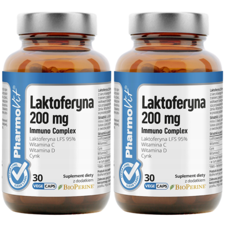 Laktoferyna 200 mg Immuno Complex – opakowanie suplementu diety z laktoferyną, witaminą C, D i cynkiem, wspierające odporność i zdrowie dorosłych.