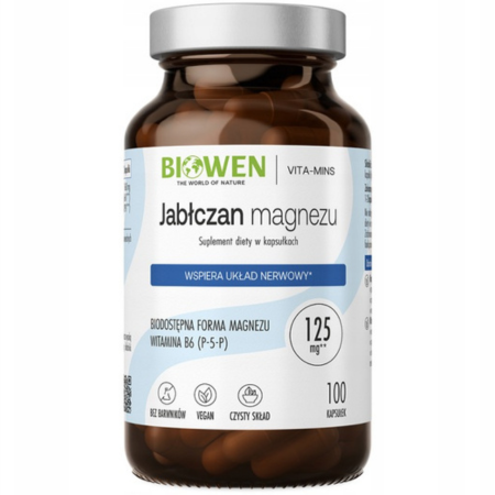 Biowen Jabłczan Magnezu z witaminą B6 Complex+ 100 kapsułek – suplement diety o wysokiej przyswajalności, wspierający układ nerwowy, mięśnie i metabolizm energetyczny