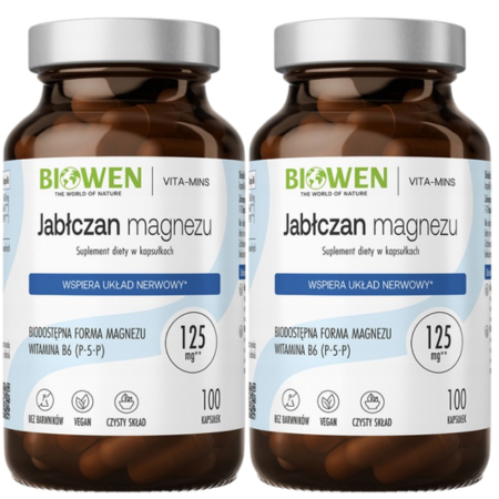 Biowen Jabłczan Magnezu z witaminą B6 Complex+ 100 kapsułek – suplement diety o wysokiej przyswajalności, wspierający układ nerwowy, mięśnie i metabolizm energetyczny