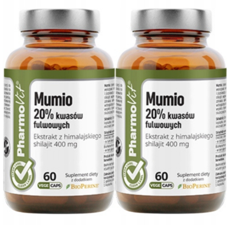 Mumio 20% kwasów fulwowych Pharmovit – shilajit dla witalności i odporności – 60 kapsułek Vege