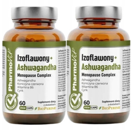 Izoflawony + Ashwagandha Menopause Complex 60 vege kapsułek Pharmovit – suplement Clean Label dla kobiet w okresie menopauzy