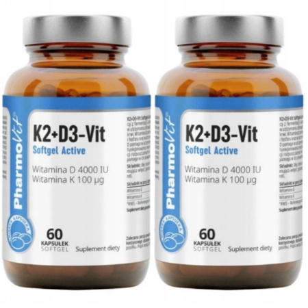 K2+D3-Vit Softgel Active Clean Label Pharmovit – witamina K2 MK-7 z fermentacji i witamina D3 z lanoliny – 60 kapsułek Softgel