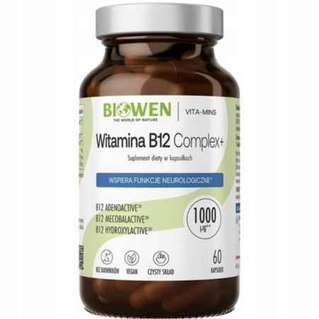 Opakowanie Active B12 Complex+ Biowen 60 kapsułek w szklanym słoiczku – suplement diety z trzema bioaktywnymi formami witaminy B12, witaminą C i błonnikiem prebiotycznym.