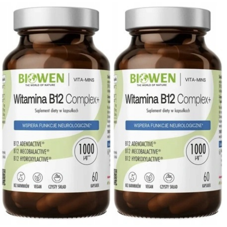 Opakowanie Active B12 Complex+ Biowen 60 kapsułek w szklanym słoiczku – suplement diety z trzema bioaktywnymi formami witaminy B12, witaminą C i błonnikiem prebiotycznym.