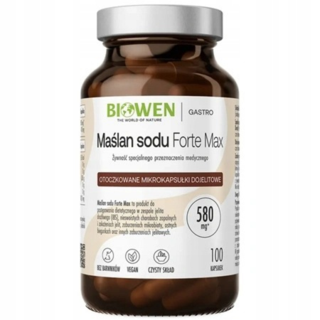 Biowen Maślan Sodu 580 mg – 100 kapsułek w szklanym słoiku. Suplement diety wspierający zdrowie jelit i równowagę mikroflory.