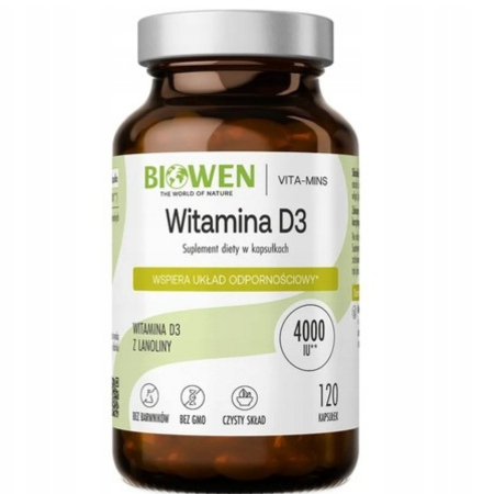 Biowen Witamina D3 120 kapsułek – naturalna D3 z lanoliny w oliwie z oliwek, czysty skład