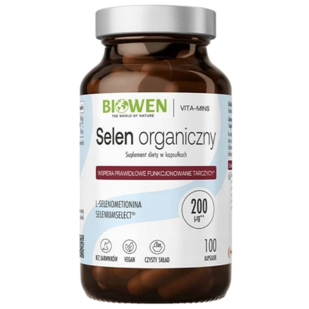 Selen Organiczny Biowen 200 µg – suplement diety, 100 kapsułek w szklanym opakowaniu, L-selenometionina, produkt wegański
