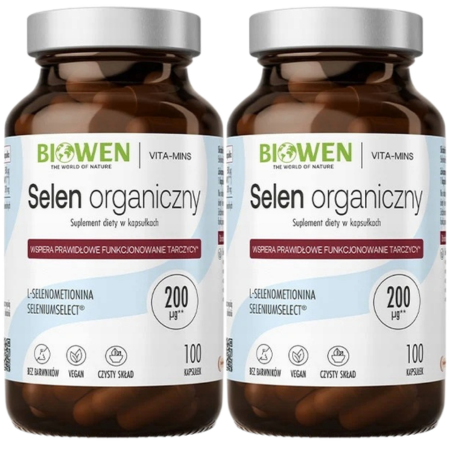 2x Selen Organiczny Biowen 200 µg – suplement diety, 100 kapsułek w szklanym opakowaniu, L-selenometionina, produkt wegański