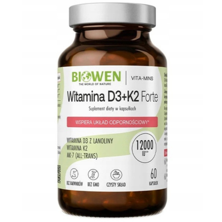Biowen Witamina D3 + K2 Forte 60 kapsułek, zawierającego 12 000 IU witaminy D3, witaminę K2 MK-7 all-trans, witaminę E i olej MCT dla zdrowia kości, zębów, mięśni i odporności.