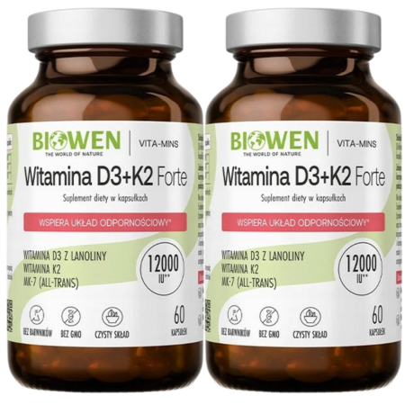 Biowen Witamina D3 + K2 Forte 60 kapsułek, zawierającego 12 000 IU witaminy D3, witaminę K2 MK-7 all-trans, witaminę E i olej MCT dla zdrowia kości, zębów, mięśni i odporności.